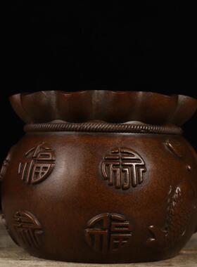 紫铜色苏工福袋香炉聚宝盆摆件中式工艺铜制品客厅家居摆设一件代