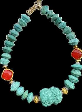 天然原矿高瓷绿松石百香籽手链18k金配饰单圈手串珠链珠串8mm左右