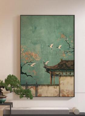 新中式禅意绿色中国风楼阁仙鹤古典客厅装饰画玄关壁画竖版挂画
