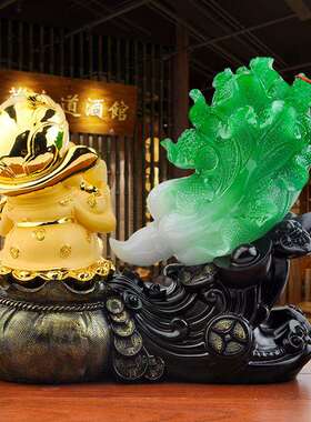 电视柜上的装饰品摆件高级感客厅招财沙金财神爷玉白菜客厅酒柜家