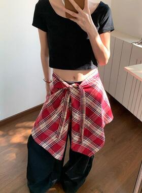嘻哈风jazz爵士舞穿搭屁帘女下摆遮臀叠穿高级感绑带红色格子衬衫