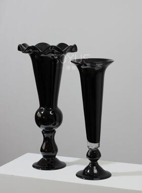 中古风黑色创意高脚风灯琉璃花瓶花瓣几何大口餐厅烛台软装饰品