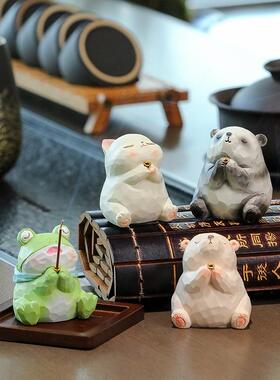 熊猫咪青蛙摆木雕风禅意香插线香炉茶桌摆件沉香檀香熏炉香道配饰