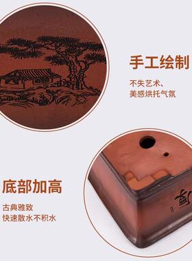 紫砂花盆陶瓷家用阳台仿古长方形盆景种树马槽组合花盆透气大口径