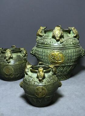 仿古古玩铜器收藏黄铜铜器摆件金蟾貔貅招财铜罐招财进宝