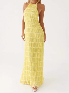 Women's Ruched Bodycon Long Dress Sleeveless Backless Solid