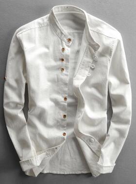 Men's long sleeved shirt linen stand up collar shirt