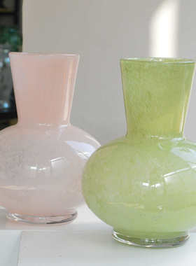 法式中古手工玻璃花瓶奶油色圆肚客厅餐桌高级感插花器装饰摆件