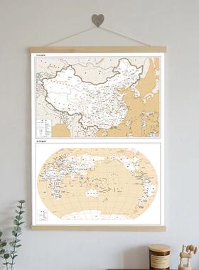 覆古中文中国世界地图旅行足迹标记打卡实木挂杆轴框装饰布艺挂画