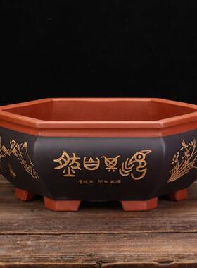 精品紫砂六方花盆大口径雀梅黄杨海棠老桩盆景盆古典透气厂家自营