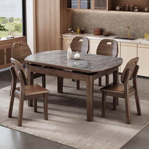 北美胡桃木岩板实木餐桌家用小户型可伸缩折叠现代简约可变圆桌 - 图0