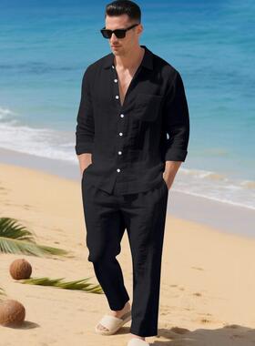 Men's Summer Linen Shirt & Pants Set Casual Long Sleeve