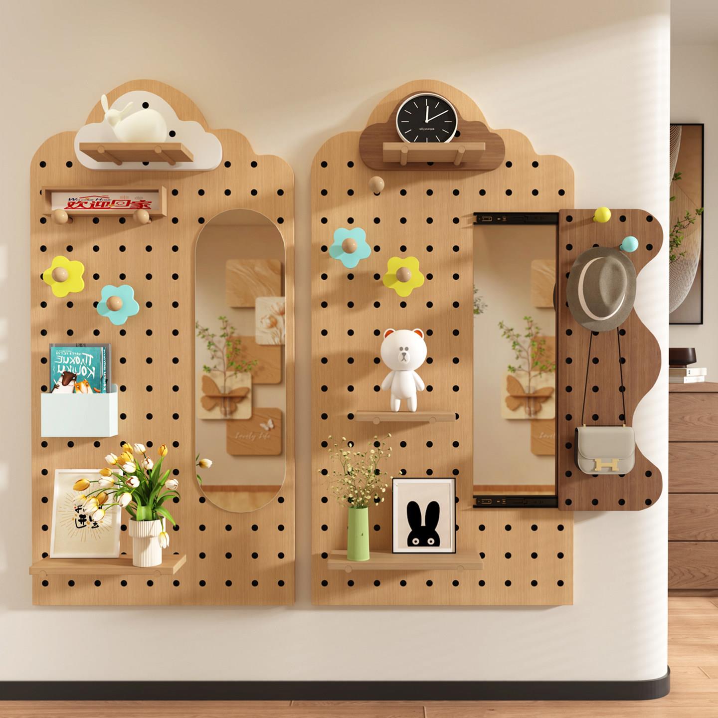 Solid wood hole board storage rack wall hanging storage rack custom entry entrance hole board dressing mirror sliding mirror integrated