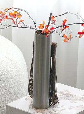 轻奢高级感皮流苏器金摆件客厅花样板EYE质房售楼处皮革花属瓶装