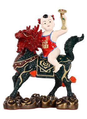 彩绘送子麒麟摆件 铜麒麟 单人送子麒麟家居工艺品