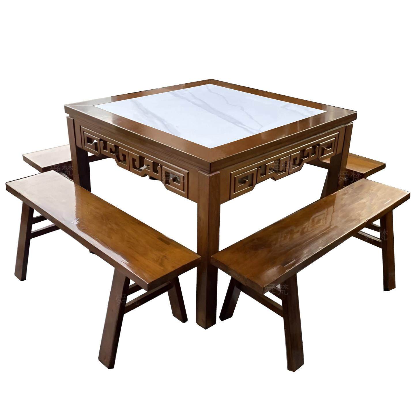 雕花实木岩板八仙桌彷古正方形餐桌休闲 农场饭店面馆商用桌子凳,淘宝优惠券,粉丝福利购,淘宝优惠卷