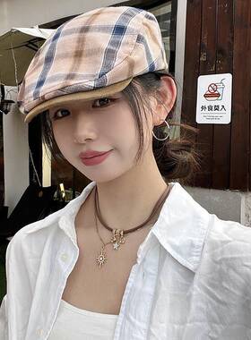 帽子日系扎染红格纹前进帽女2026新款复古百搭显脸小鸭舌0911d