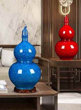 景德镇陶瓷中国红花瓶插花摆件新中式客厅博古架装饰品玄关工艺品