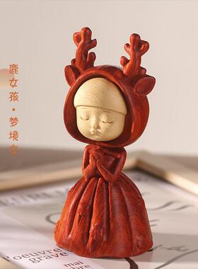 梨绿檀雕刻梦境鹿女件孩幻一鹿系花梦桌面摆工艺品
