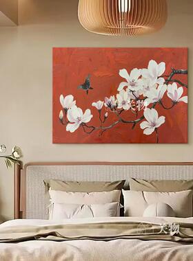 中古风玉兰花肌理手绘油画蝴蝶高级沙发背景墙挂画横幅客厅装饰画