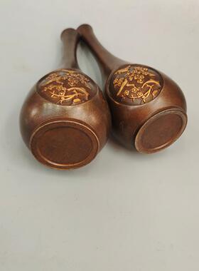 复古纯铜点金喜上眉梢花瓶一对 铜工艺品摆件 文创市集古风老物件