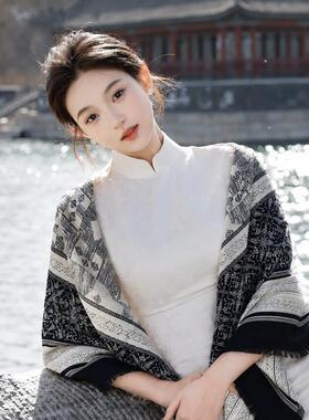 秋冬百搭披肩复古民族风黑色大方巾女外搭薄款空调房云南旅1014k