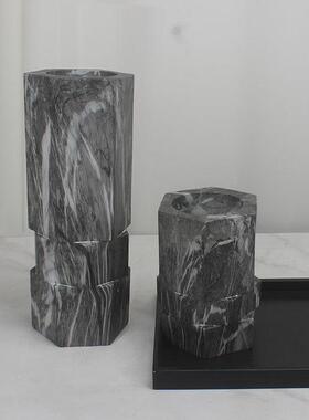 现代轻奢风大理石纹六边花器摆件样板间酒店展厅高档插花瓶装饰品