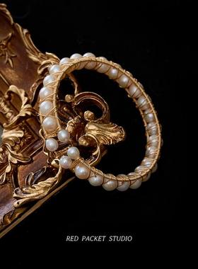 红色翻盖口袋裤覆古法国宫殿风格天然淡水珍珠缠绕开口可调手炼手