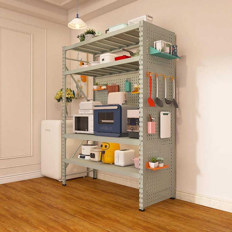 Gray green perforated board kitchen storage rack dining cabinet against the wall one-piece floor-standing multi-layer microwave oven storage shelf