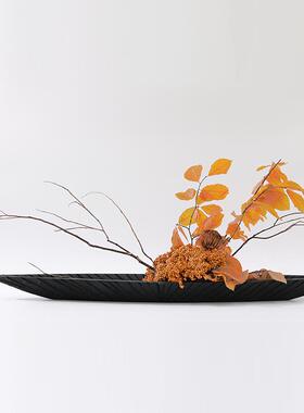 新中式日式侘寂禅意碳化木船橙色干花插花样板间茶室家居软装摆件