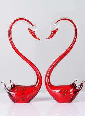 红色蓝色琉璃天鹅一对玄关家居摆件