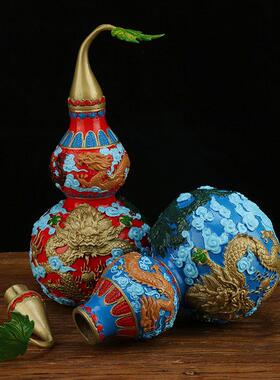 彩绘五龙铜葫芦开盖葫芦黄铜葫芦摆件家居铜器工艺品摆件