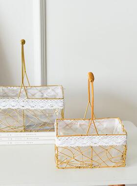 铁艺金色花篮手提编织拌手礼礼品篮子插花鲜花篮水果收纳筐送礼