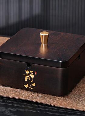 黑檀实木烟灰缸家用新中式客厅高级感办公室茶台大号带盖子防飞灰