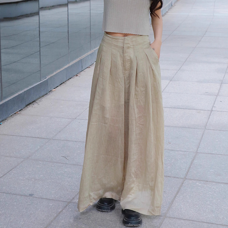 High waisted draped thin linen wide leg pants for women's fa - 图1