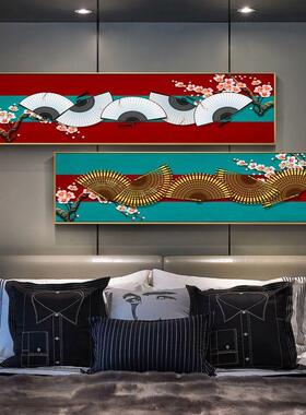 扇子新中式装饰画客厅沙发背景壁画茶室中国风红色横幅卧室挂画