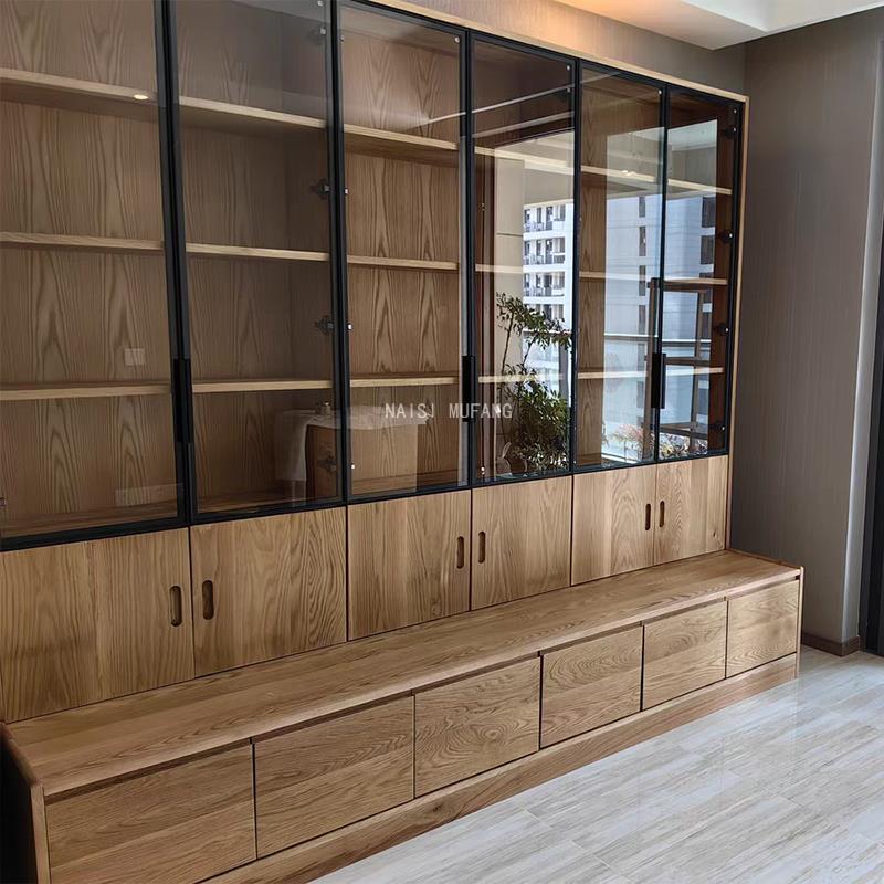 北美全实木满墙书柜定制黑胡桃原木客厅图书馆樱桃木橡木卡座书柜 - 图1