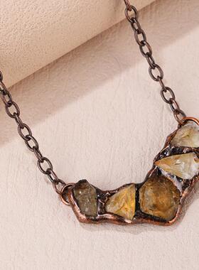 跨境复古风天然紫晶黄晶原石不定形个性舞会民族朋克微笑吊坠项链