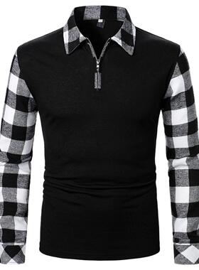 Men's shirt collar, black striped zipper jacket, knitted