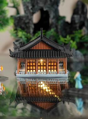 带灯中式古建筑带灯摆件微景观造景楼房摆件模型假山水陆缸