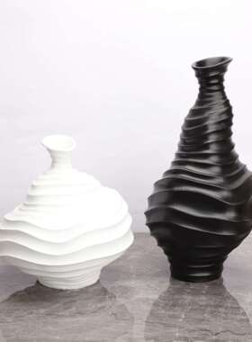 现代简约黑饰白口螺纹摆花器样板间酒店部书房茶几客厅软0021装细