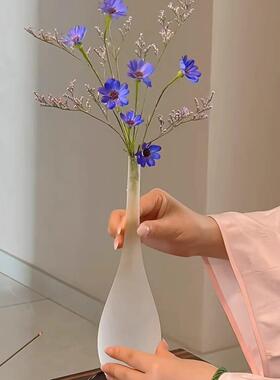 禅意宋代美学花瓶磨砂玉净瓶清冷感客厅插一枝花的花瓶透明玻璃瓶