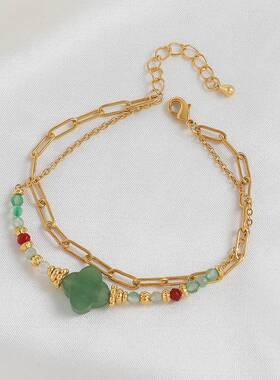 欧美跨境粉色桃花天然石手工串珠手串高级感黄铜镀金不掉色手链