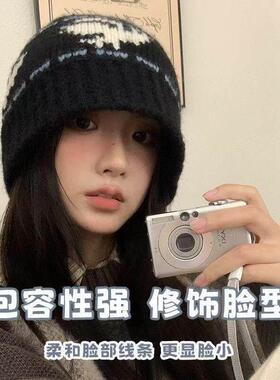 黑色复古针织帽女冬季韩系百搭显脸小毛线水桶帽加厚防寒保暖帽子