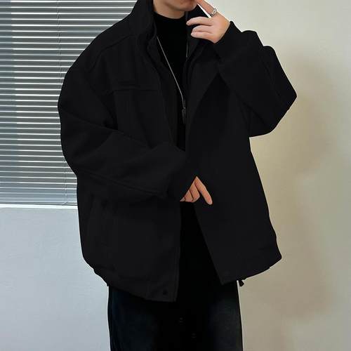 呢子外套男秋冬季新款高级感宽松痞帅男士休闲夹克立领毛呢1218e - 图3