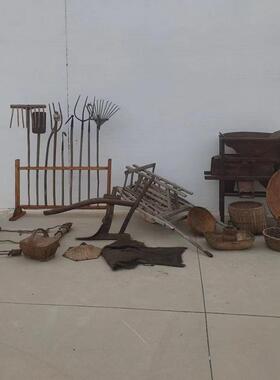 老物件民俗怀旧农具手工提篮风车米斗手推车木犁牛套复古摆件道具