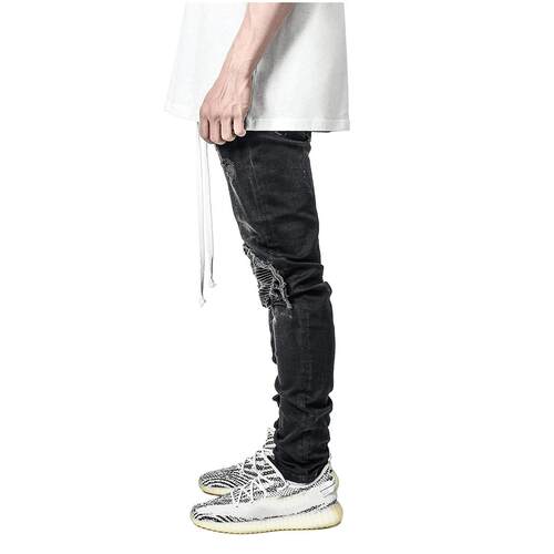Men's Elastic Long Pants Ripped Knee Patches Fashion Slim - 图0