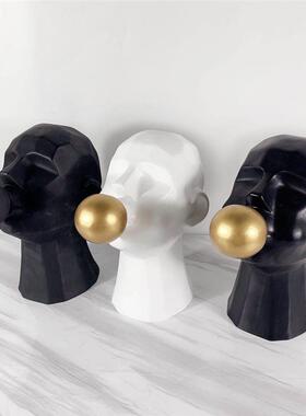 现代简人约黑白色抽象物人吹房泡泡摆件头家居样板酒3283店玄关装