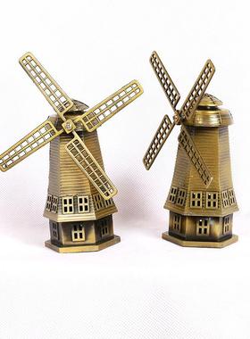 荷兰风车模型摆件锌合金风车小屋世界建筑金属摆件工