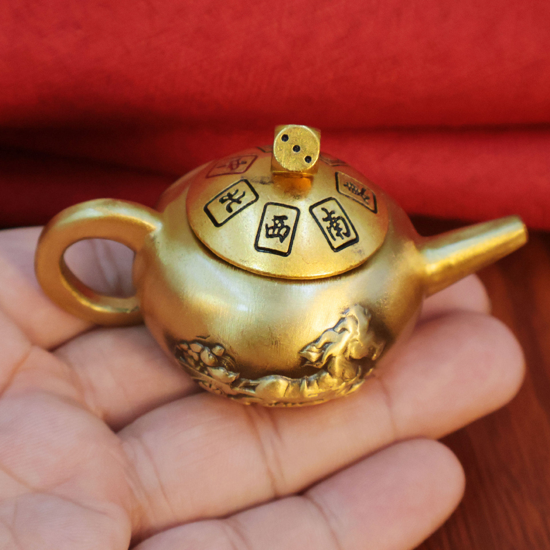 黄铜把把壶手把件盖子可旋转打麻将赢客厅茶壶转转把玩件工艺品